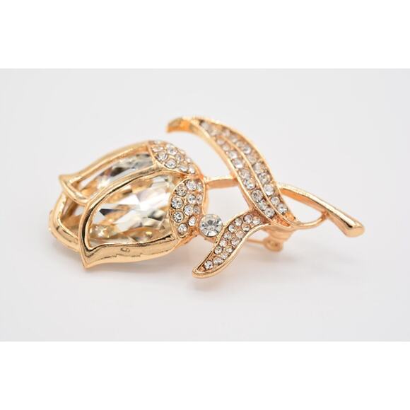 Statement Crystal Rose Pin Brooch Sparkling Rhinestone Gold Tone BinAQ - Picture 10 of 12